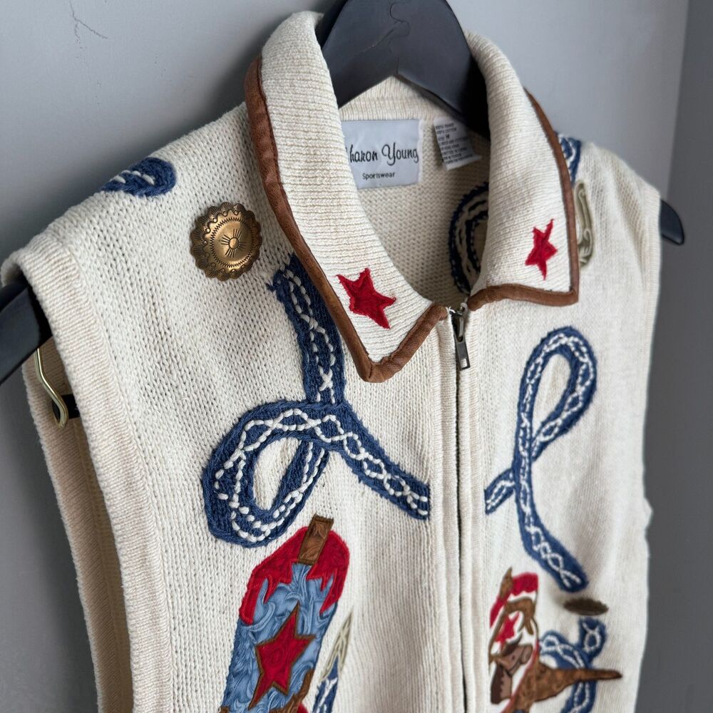 Vintage Sharon Young Ramie Cotton Cowgirl Boot Applique Zip Sweater Vest SZ M